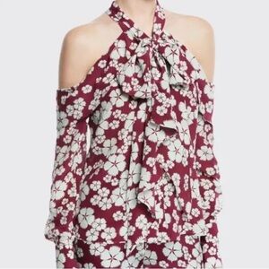Alexis Paloma Silk Tie Neck Cold Shoulder Blouse Floral size medium
